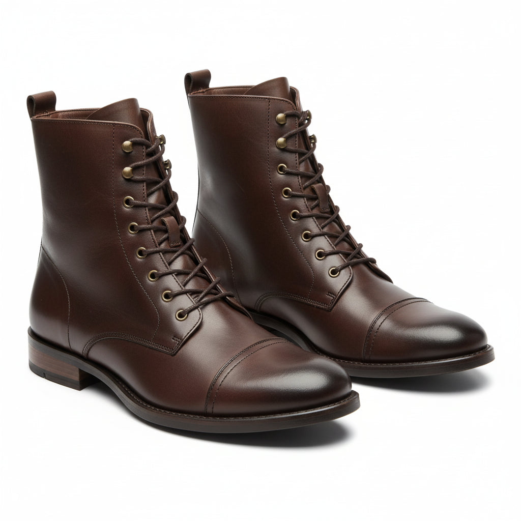 three-quarter-view - Men's Dark Brown Leather Cap Toe Ankle Boots