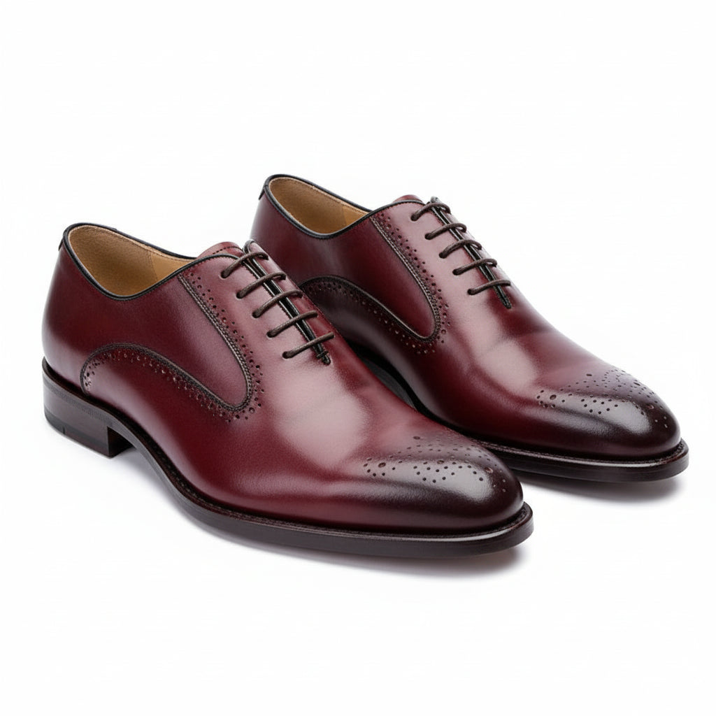 Men's Burgundy Brogue Leather Dress Shoes - three-quarter-view