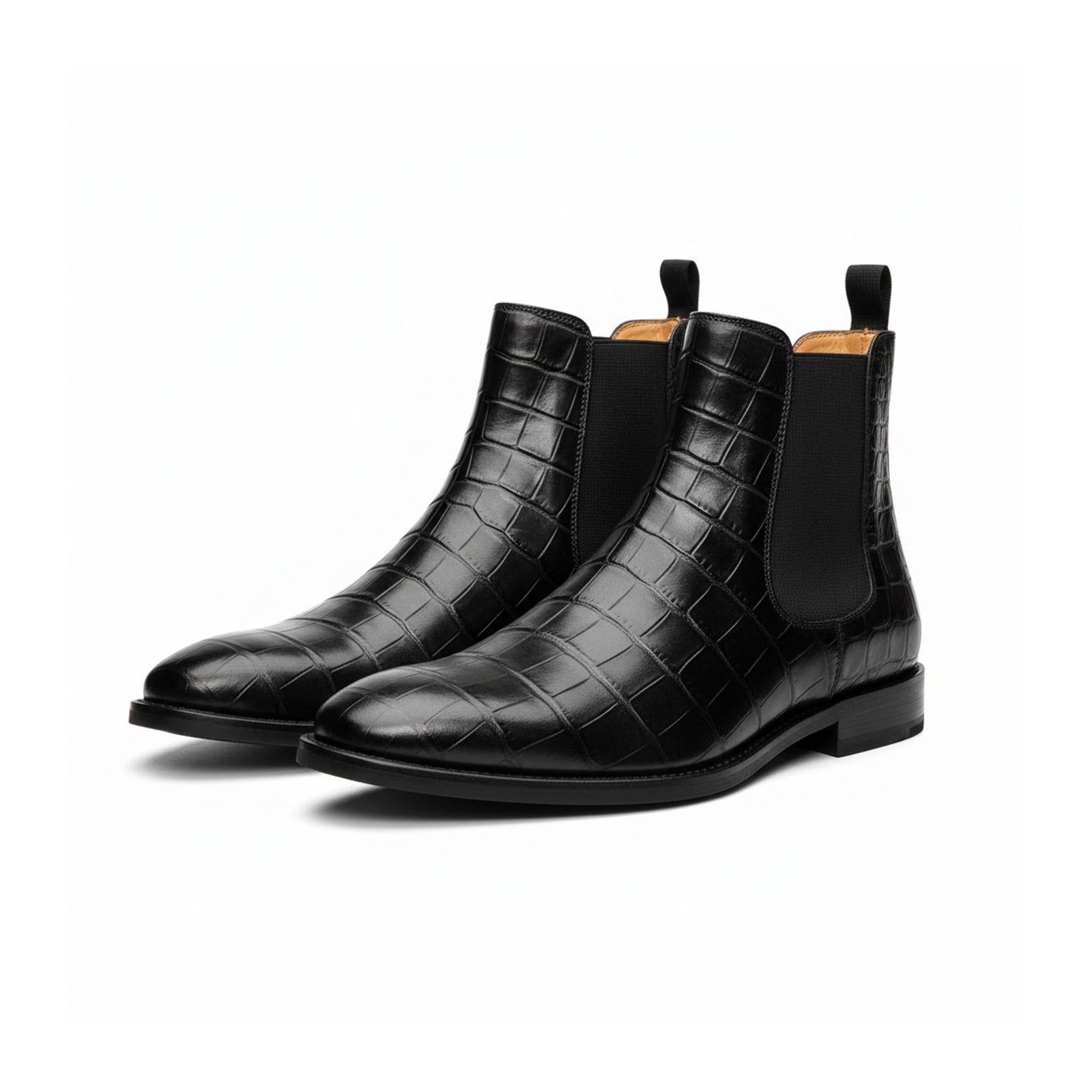 three-quarter-view - Men's Embossed Crocodile Leather Chelsea Boots