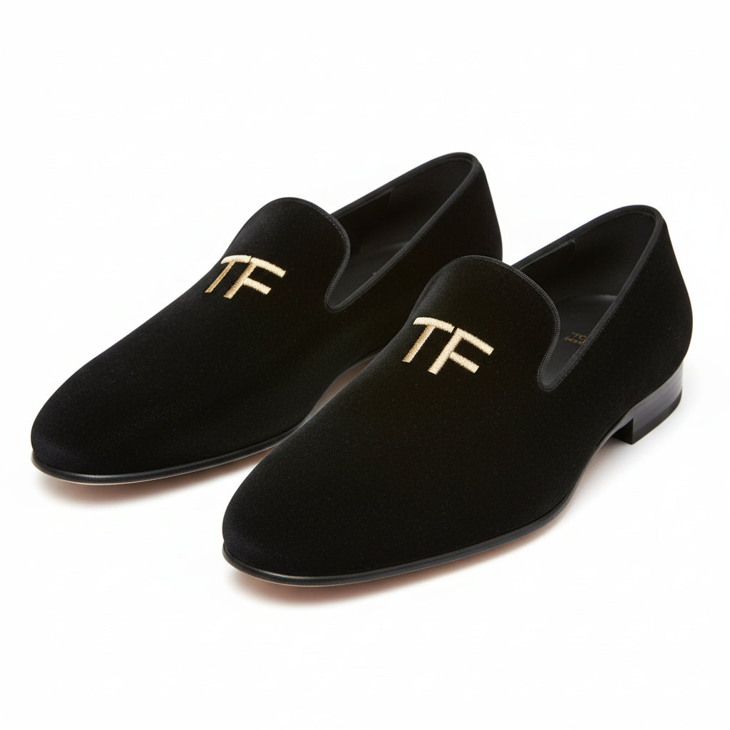 three-quarter-view - Men's Embroidered Velvet Leather Slippers