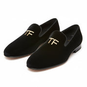 three-quarter-view - Men's Embroidered Velvet Leather Slippers
