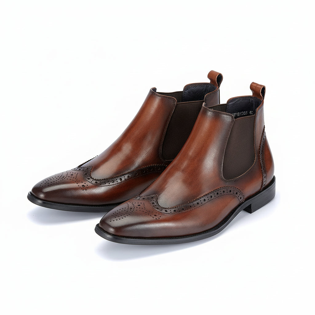 three-quarter-view - Men's Full Grain Leather Wingtip Chelsea Boots