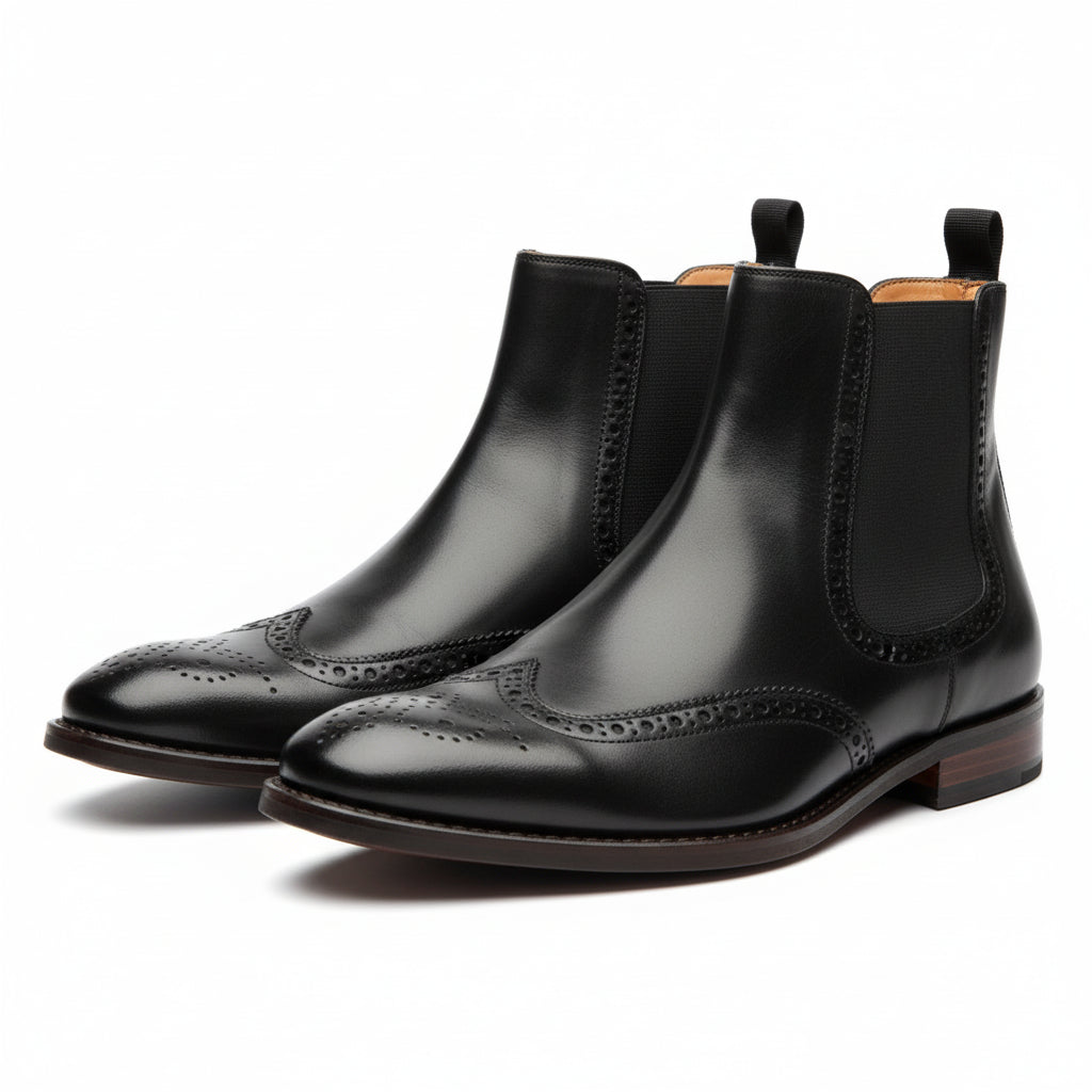 three-quarter-view - Men's Full Grain Leather Wingtip Chelsea Boots