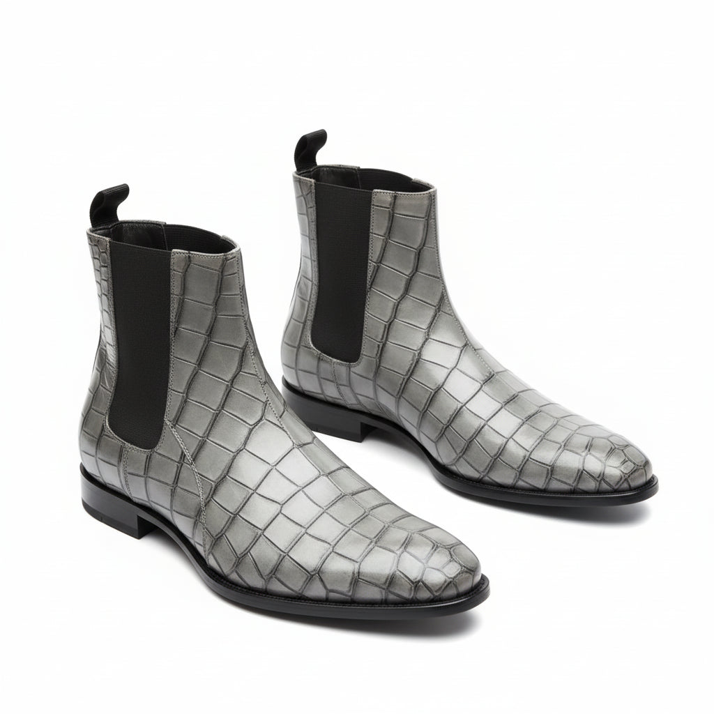 Men's Gray Crocodile Embossed Chelsea Leather Boots - three-quarter-view