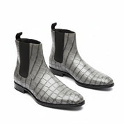 Men's Gray Crocodile Embossed Chelsea Leather Boots - three-quarter-view