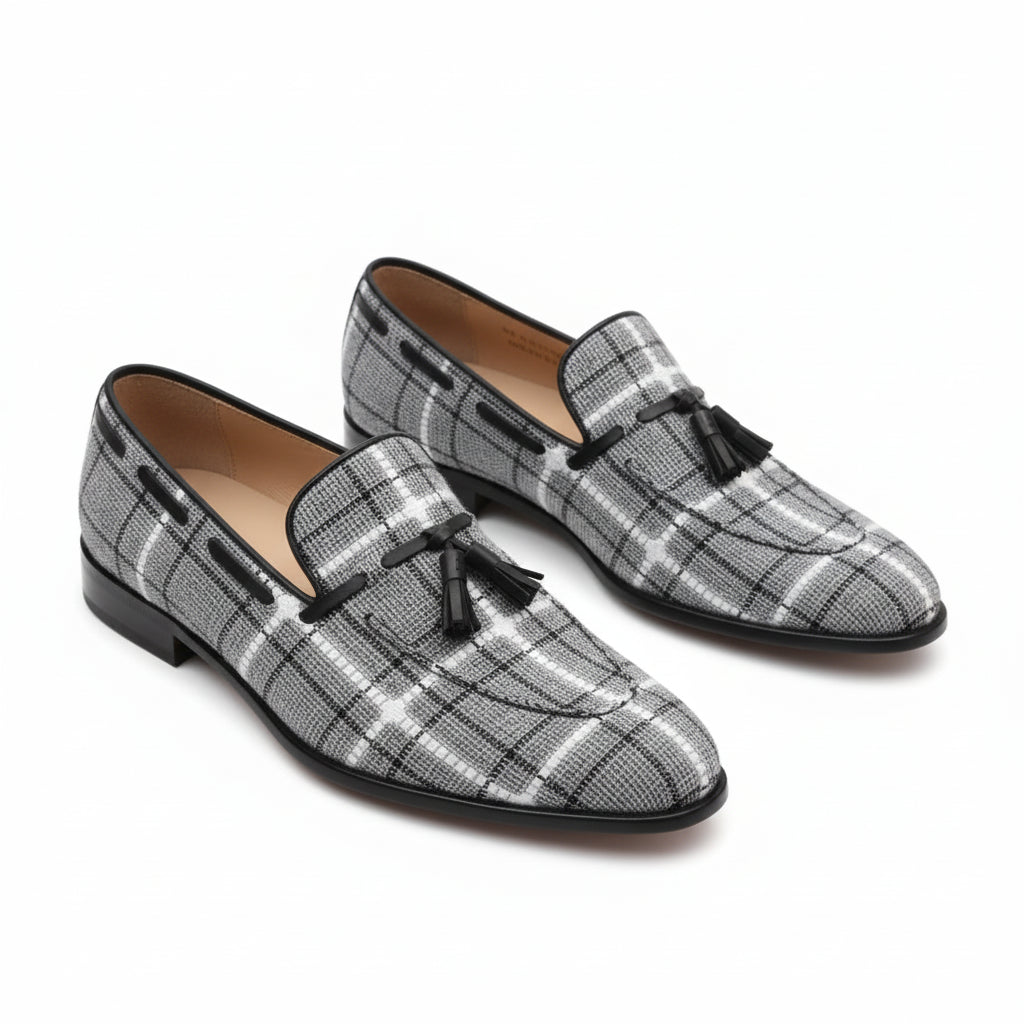 three-quarter-view - Men's Gray Tweed Fabric Loafers with Tassel Detail