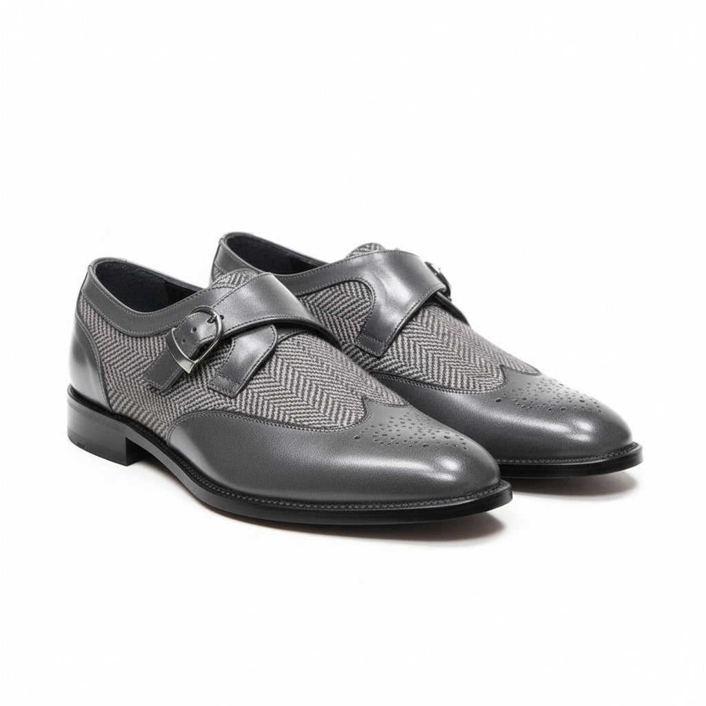Men's Gray Wing Tip Monk Leather Shoes - three-quarter-view