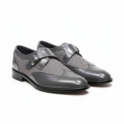 Men's Gray Wing Tip Monk Leather Shoes - three-quarter-view