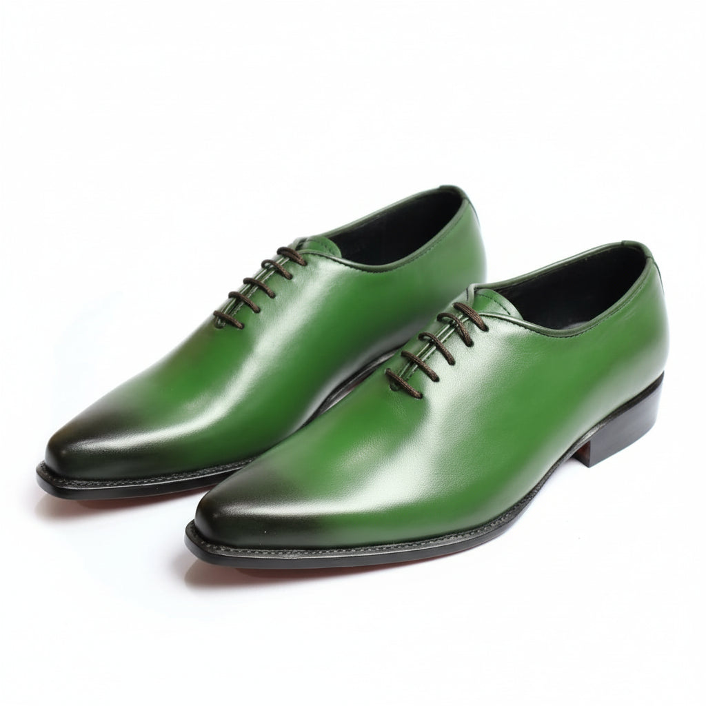 Men's Green Pointed Toe Leather Dress Shoes - three-quarter-view