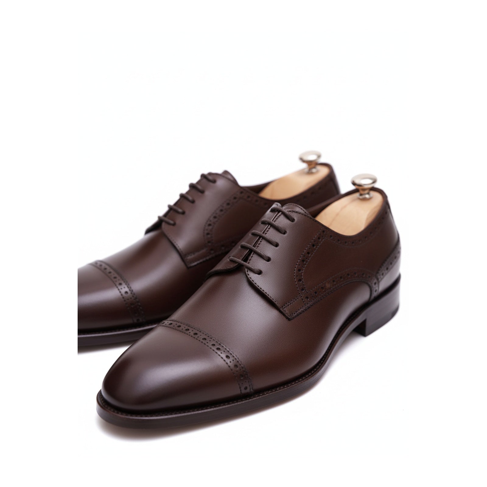 Men's Dark Brown Leather Oxford Dress Shoes - three-quarter-view