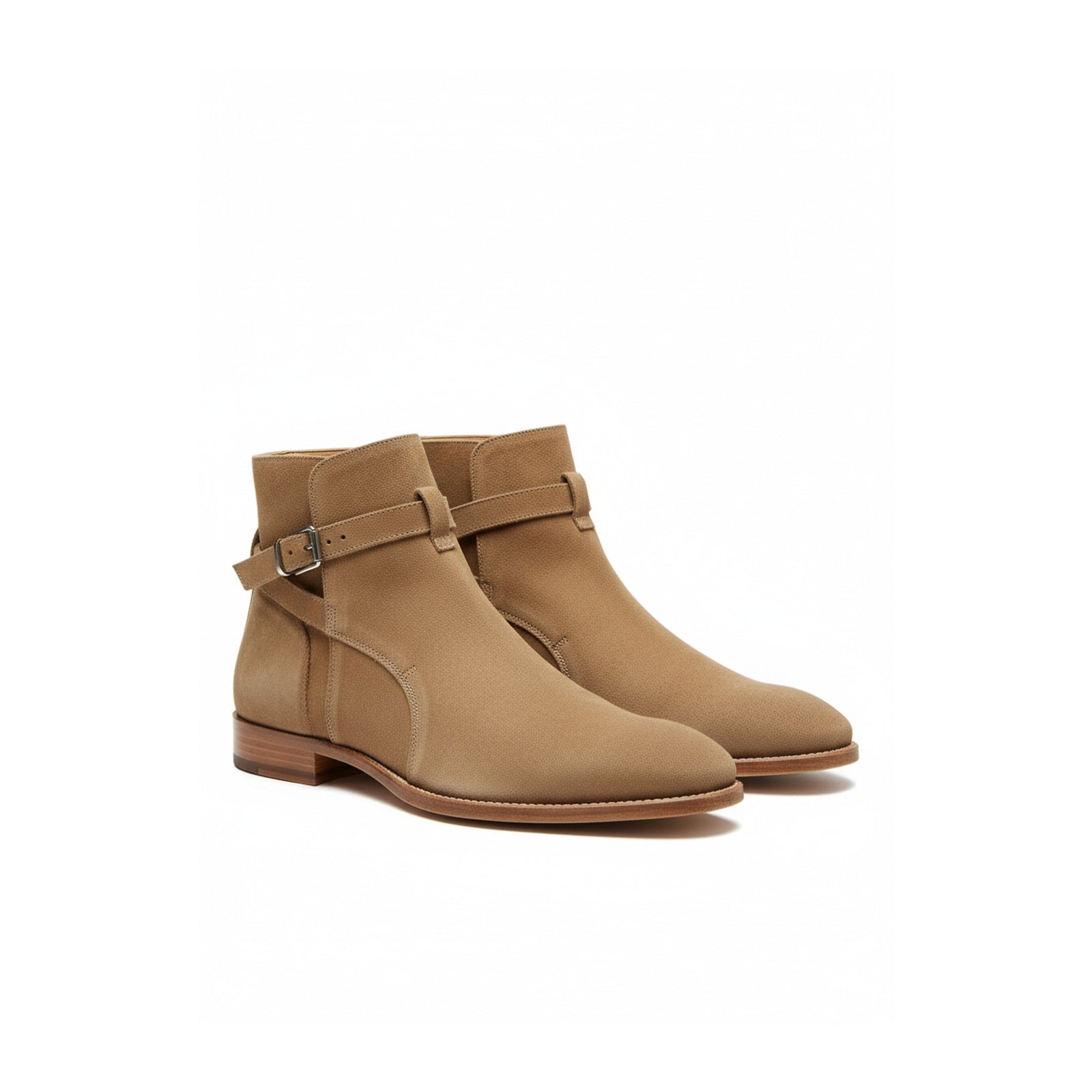three-quarter-view - Men's Handmade Beige Suede Jodhpur Ankle Boot with Leather Sole