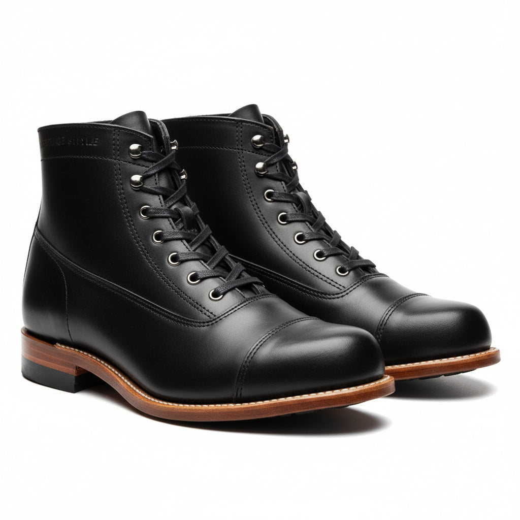 three-quarter-view - Men's Handmade Black Leather Ankle Boot with Handcrafted Detailing