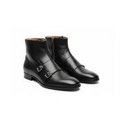 three-quarter-view - Men's Handmade Black Leather Double Monk Ankle Boots with Side Zipper