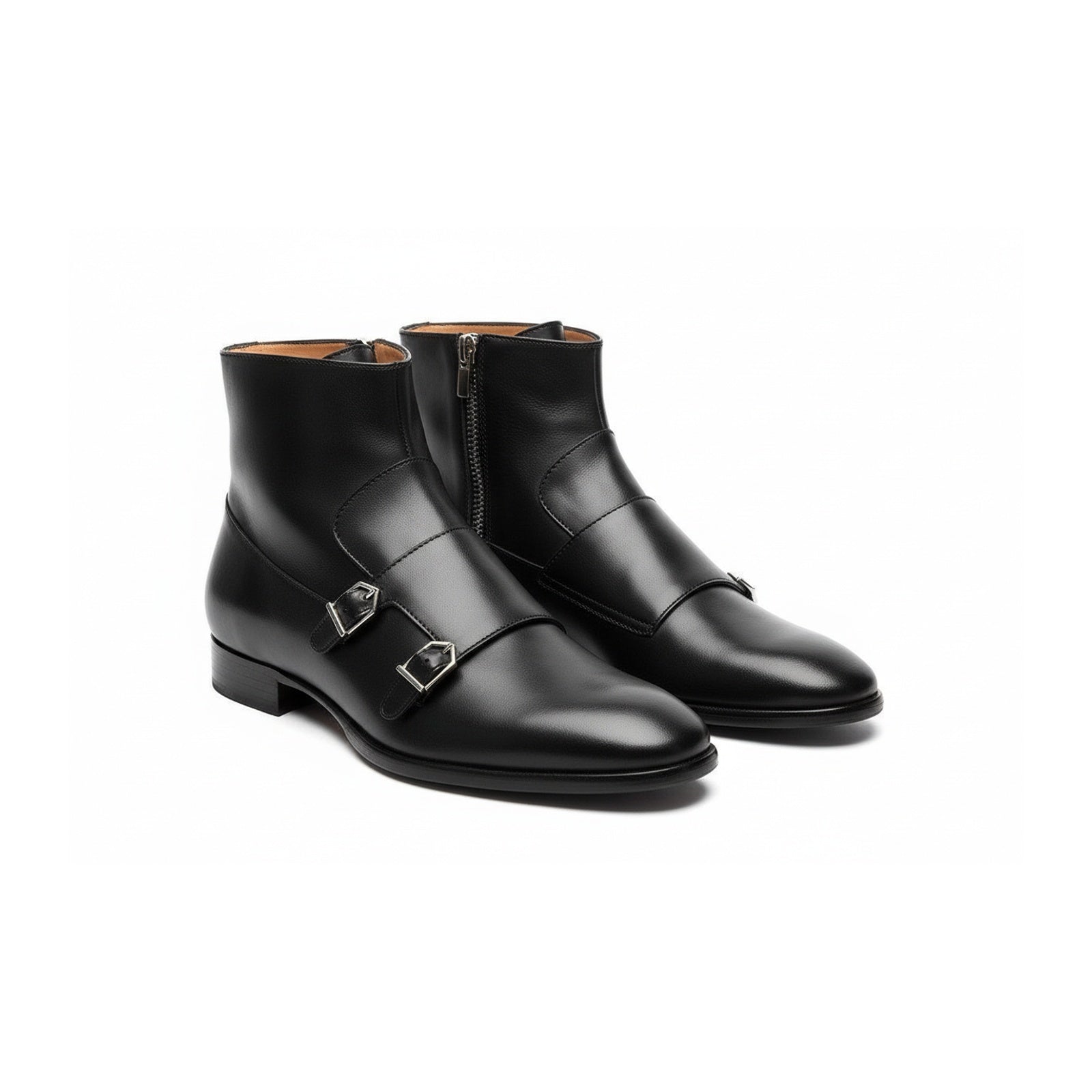 three-quarter-view - Men's Handmade Black Leather Double Monk Ankle Boots with Side Zipper