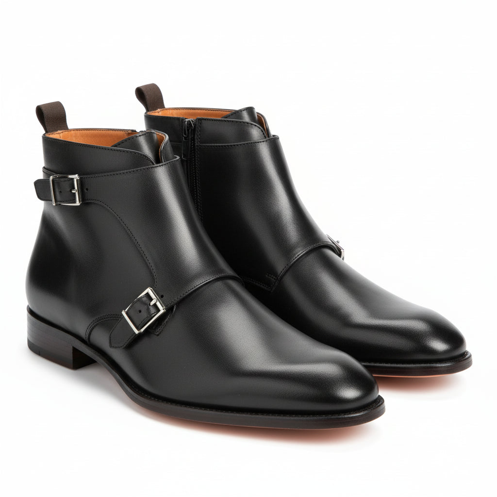 three-quarter-view - Men's Handmade Black Leather Double Monk Boots with Artisan Features