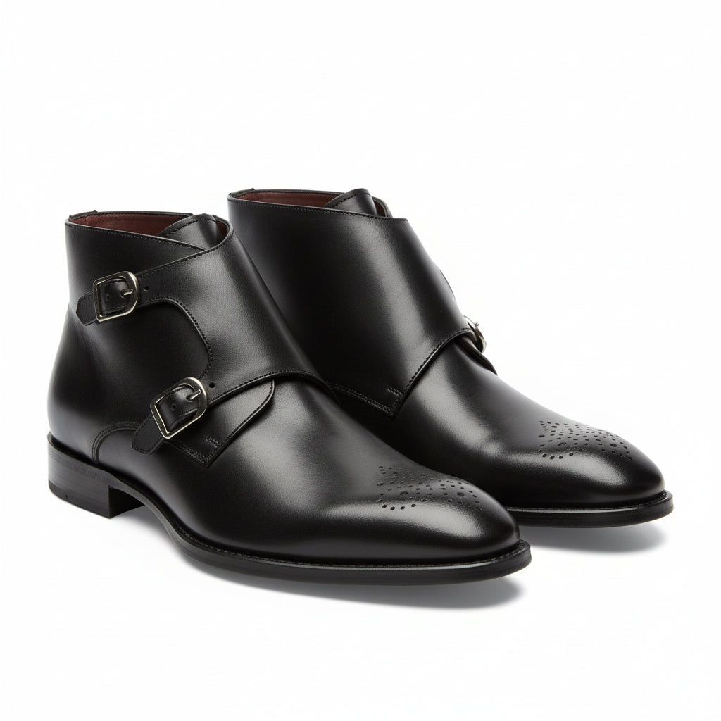three-quarter-view - Men's Handmade Black Leather Double Monk Boots with Premium Craftsmanship