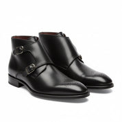 three-quarter-view - Men's Handmade Black Leather Double Monk Boots with Premium Craftsmanship