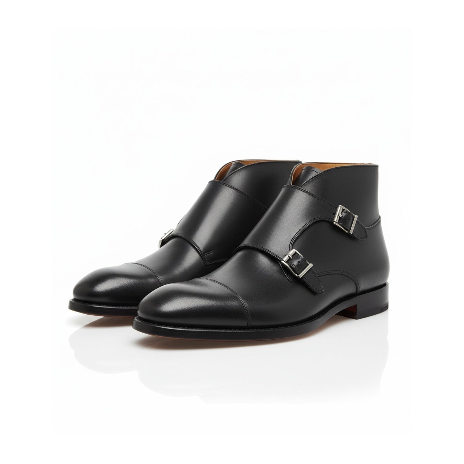 three-quarter-view - Men's Handmade Black Leather Double Monk Strap Boots
