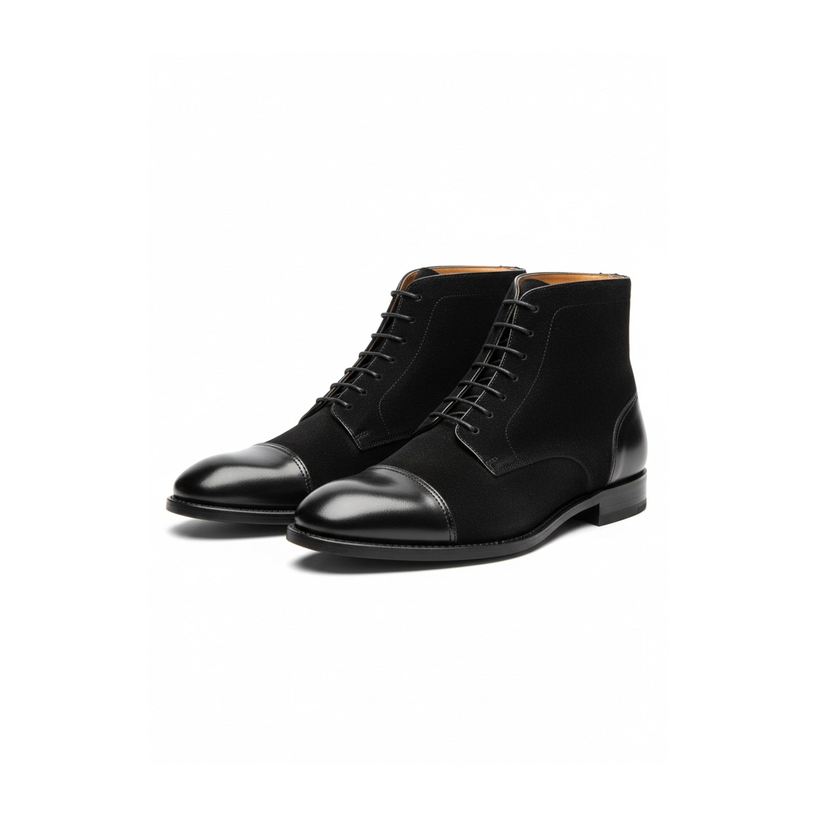 three-quarter-view - Men's Handmade Black Leather Oxford Ankle Boots with Dress Design