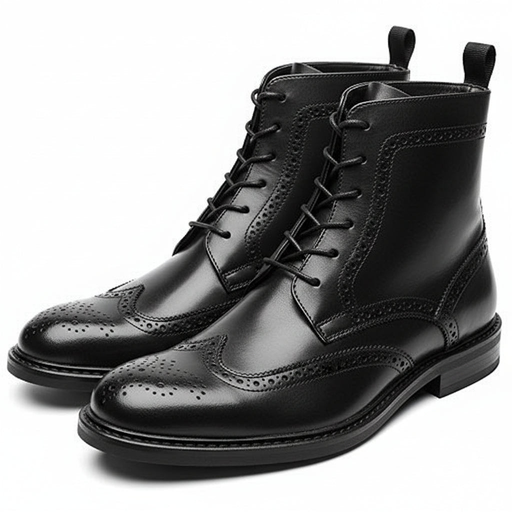 three-quarter-view - Men's Handmade Black Leather Wingtip Brogue Ankle Boots