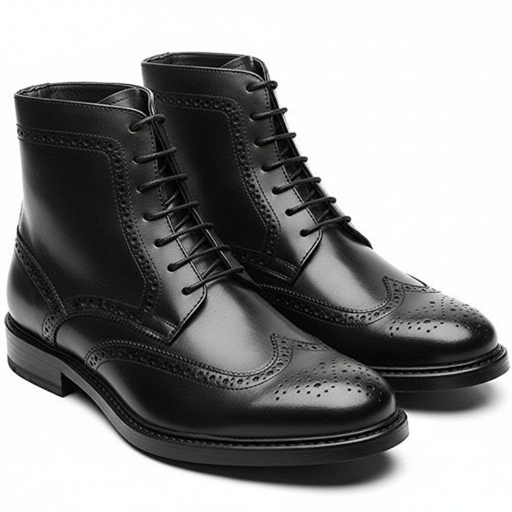 three-quarter-view - Men's Handmade Black Leather Wingtip Brogue Ankle Boots