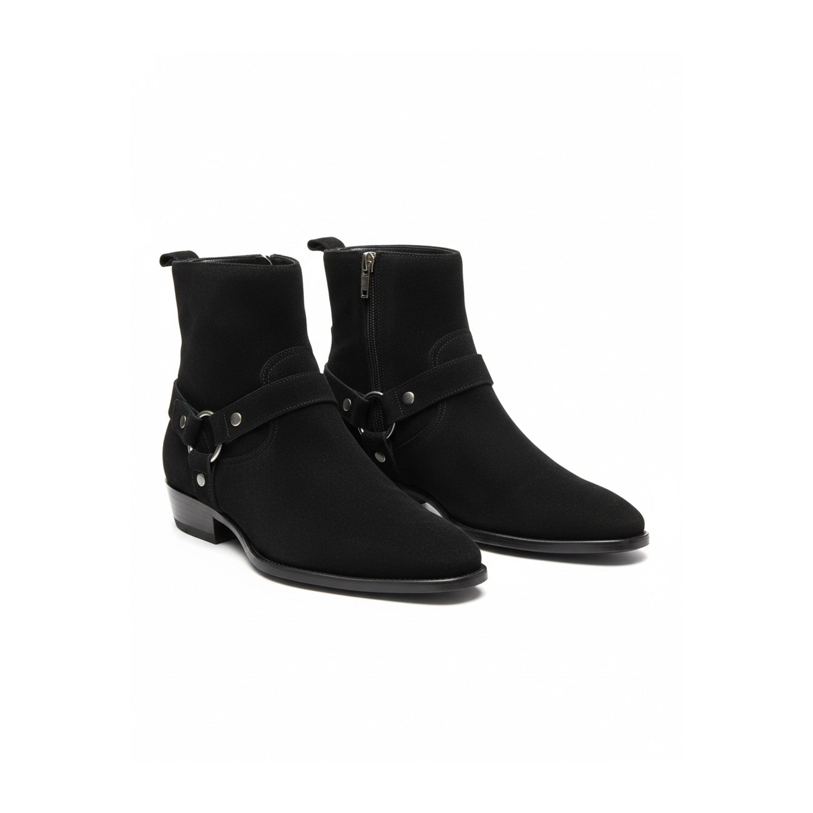 three-quarter-view - Men's Handmade Black Suede Biker Ankle Boots with Side Zipper