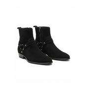 three-quarter-view - Men's Handmade Black Suede Biker Ankle Boots with Side Zipper