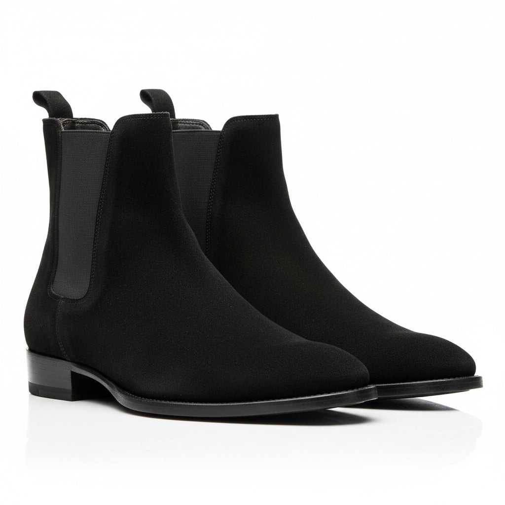 three-quarter-view - Men's Handmade Black Suede Chelsea Boots – Customizable Options