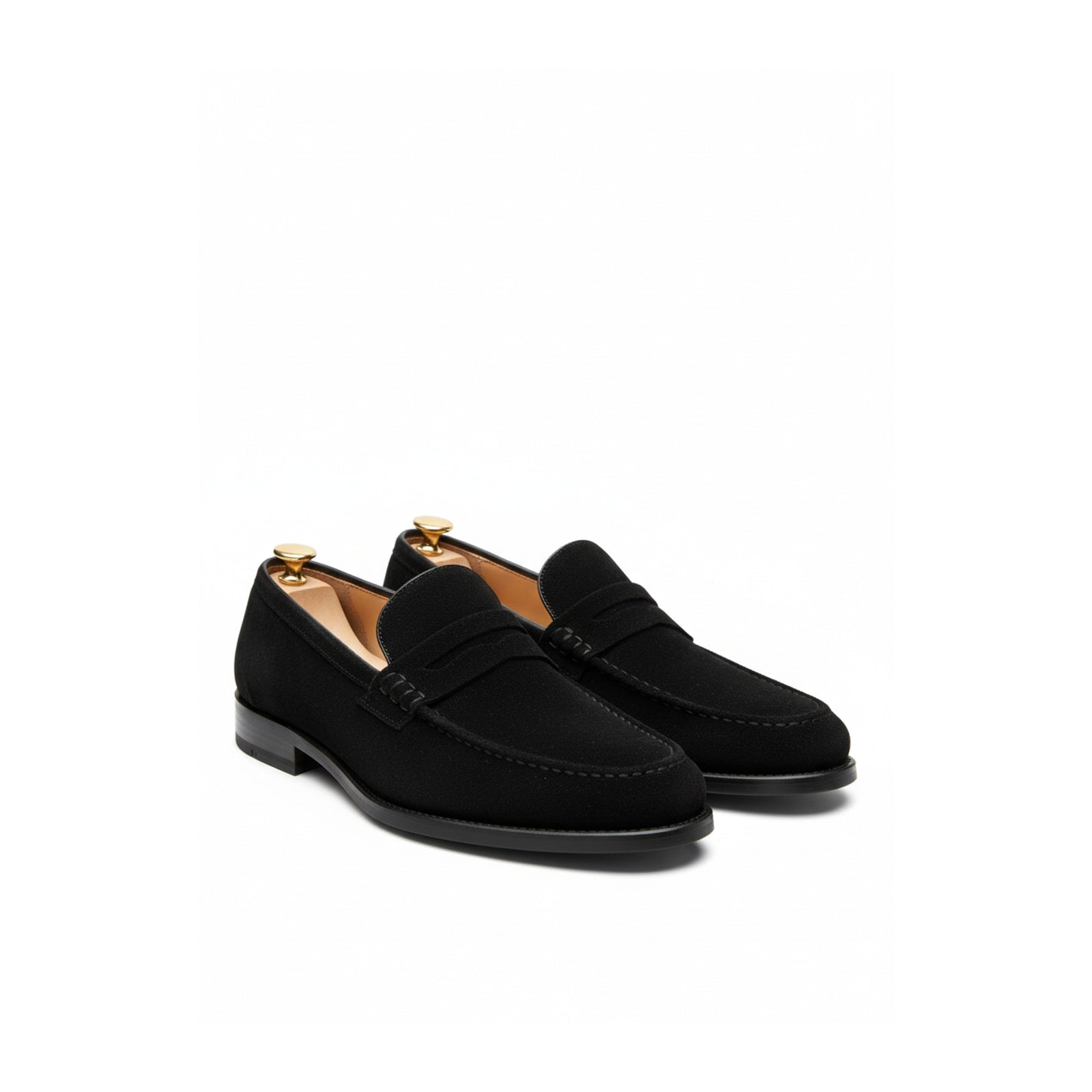 three-quarter-view - Men's Handmade Black Suede Moccasins with Slip-On Design