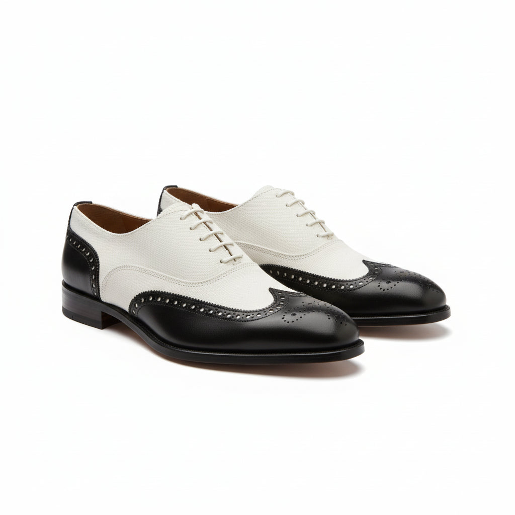 three-quarter-view - Men's Handmade Black & White Leather Wingtip Dress Shoes