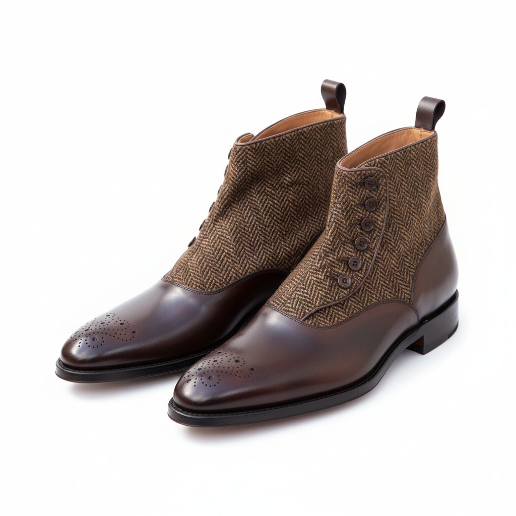 three-quarter-view - Men's Handmade Brown Leather Button Boots with Premium Fit