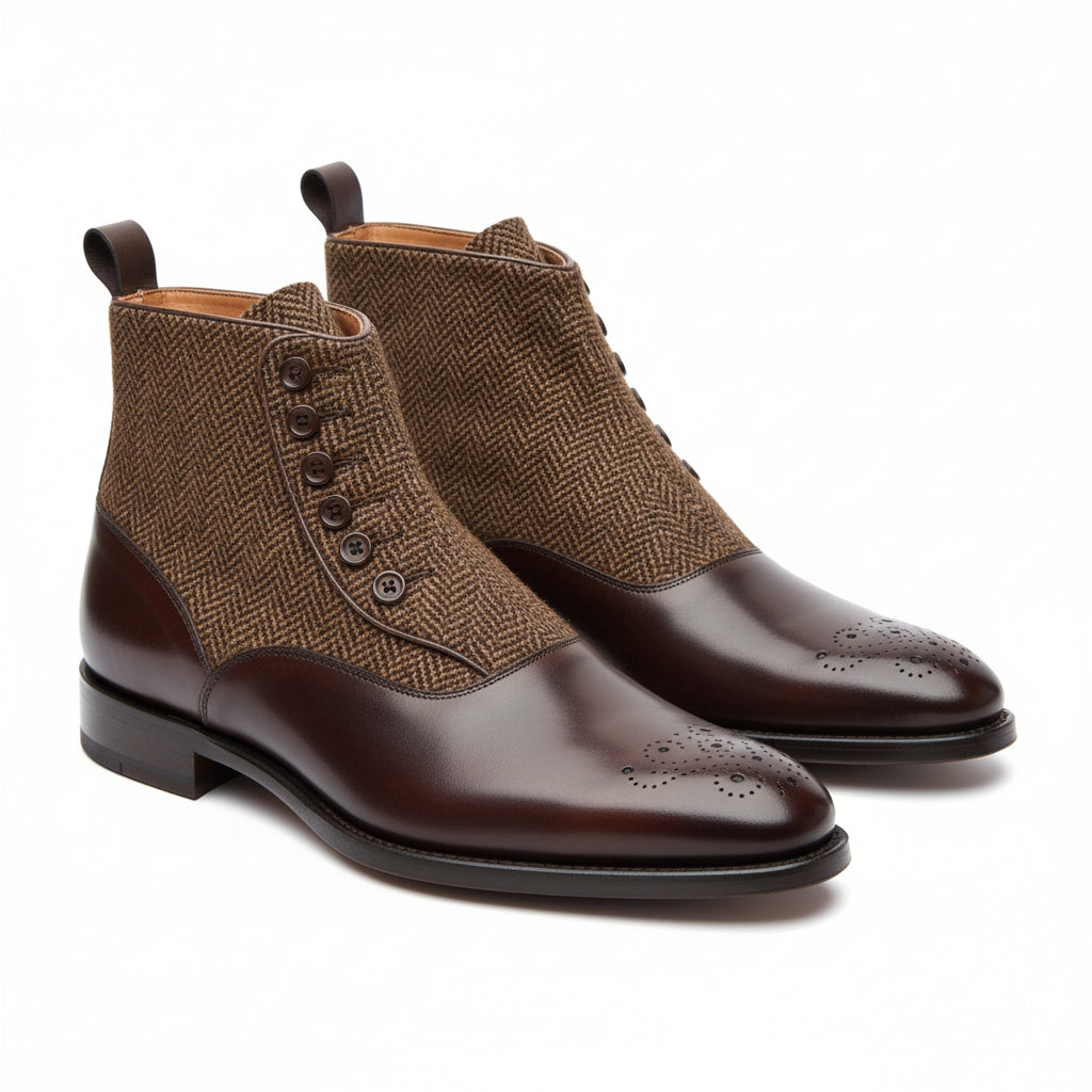 three-quarter-view - Men's Handmade Brown Leather Button Boots with Premium Fit