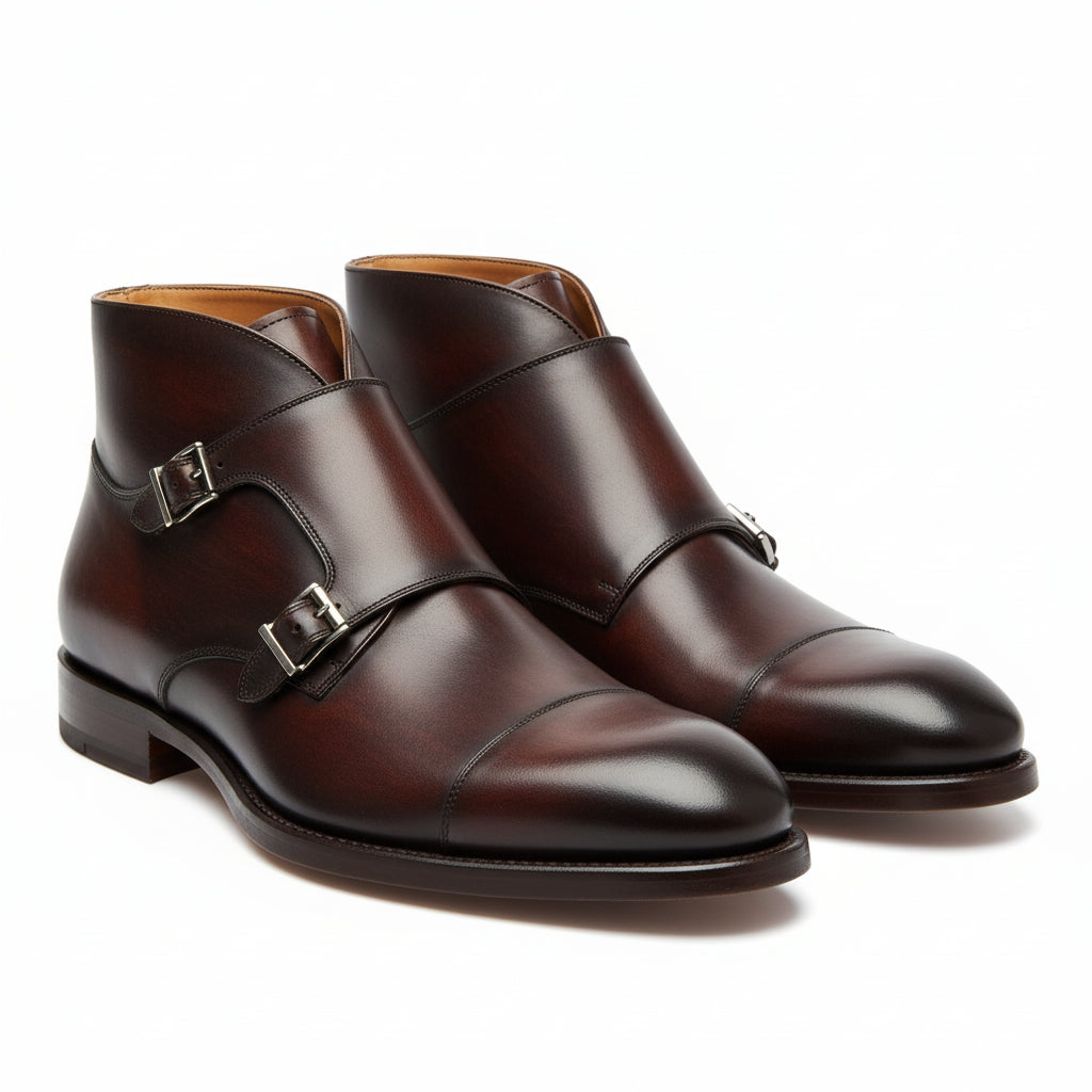 three-quarter-view - Men's Handmade Brown Leather Double Monk Strap Boots