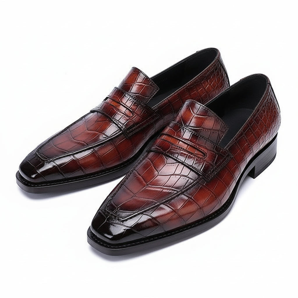 three-quarter-view - Men's Handmade Burgundy Alligator Pattern Leather Moccasins