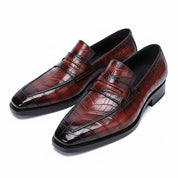 three-quarter-view - Men's Handmade Burgundy Alligator Pattern Leather Moccasins