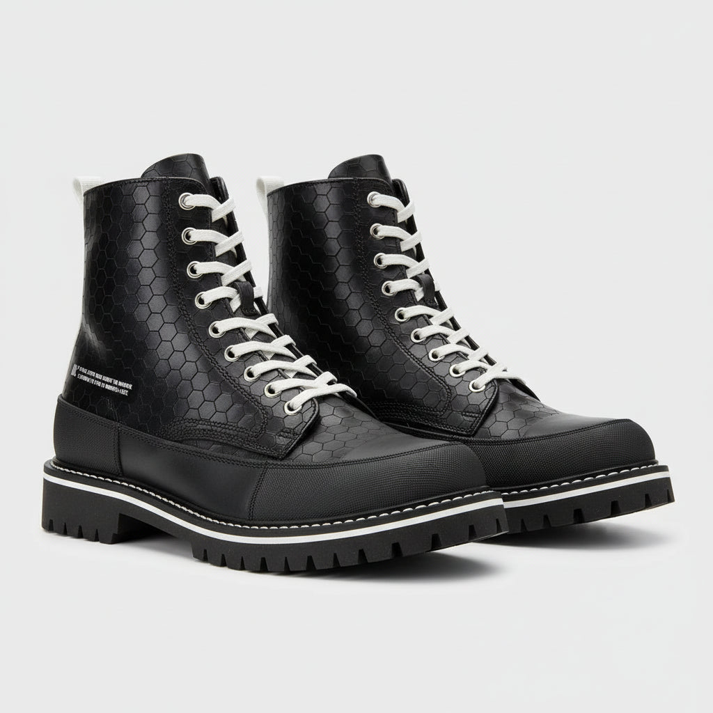 three-quarter-view - Men's Hexagon-Patterned Leather Motorcycle Boots