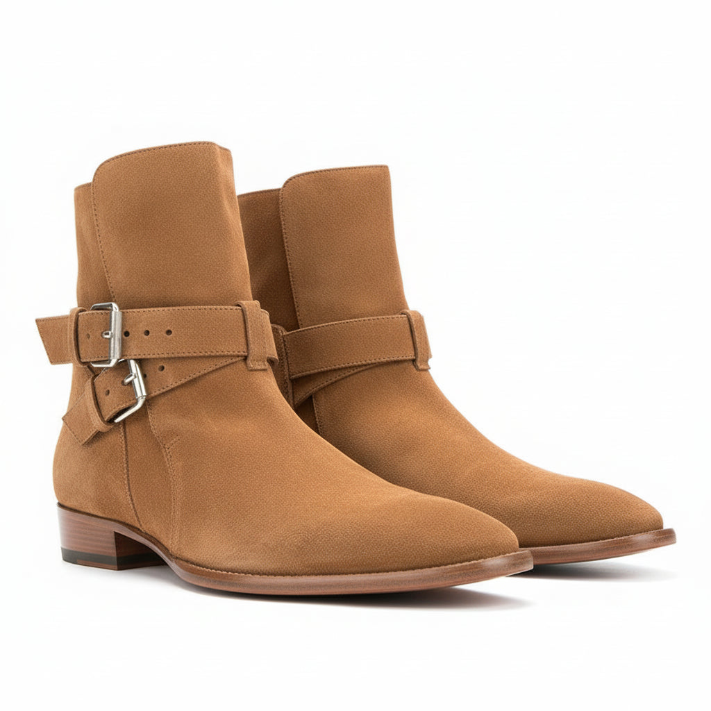three-quarter-view - Men's High Ankle Suede Biker Boots
