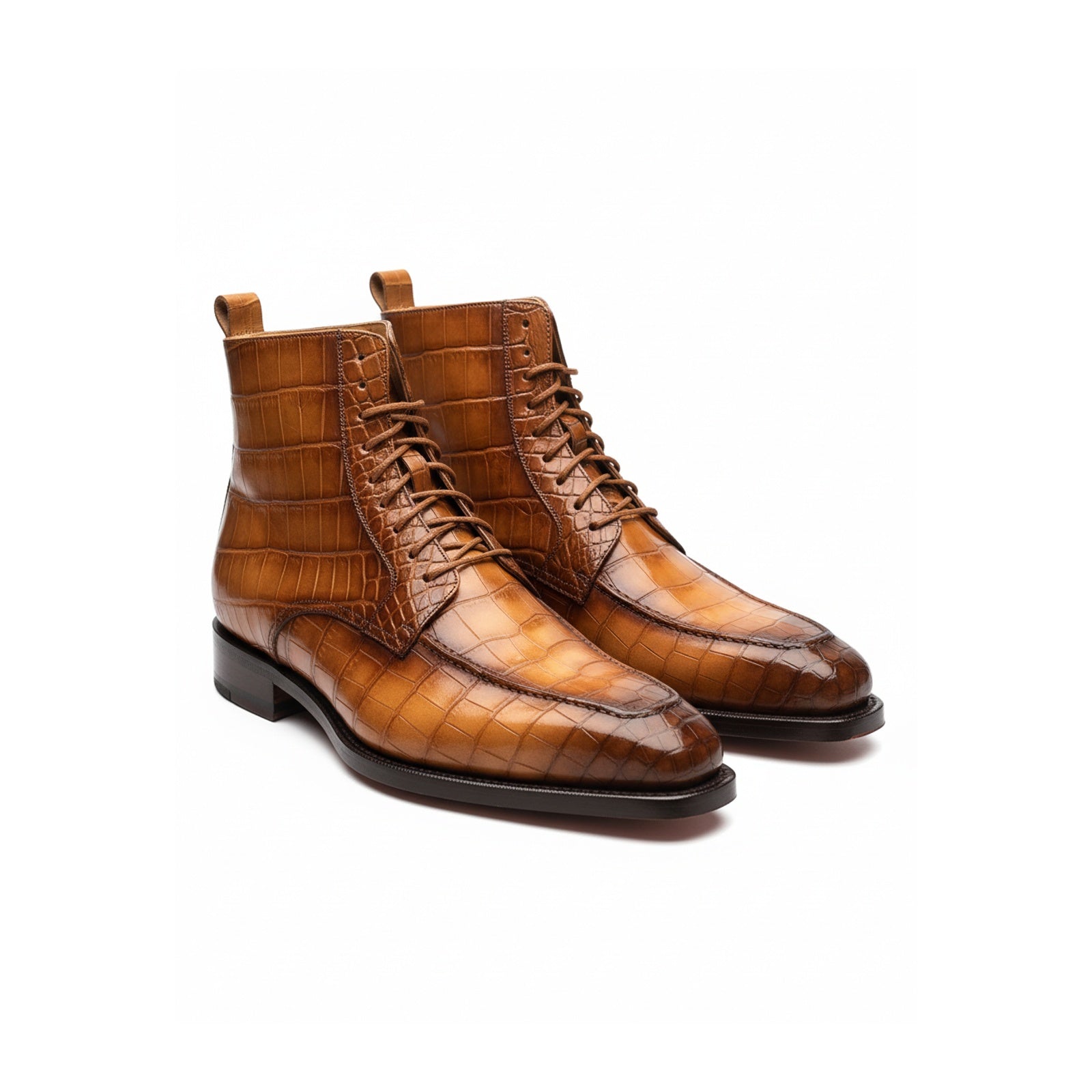 Men's Tan Brown Crocodile Leather Ankle Boots - three-quarter-view