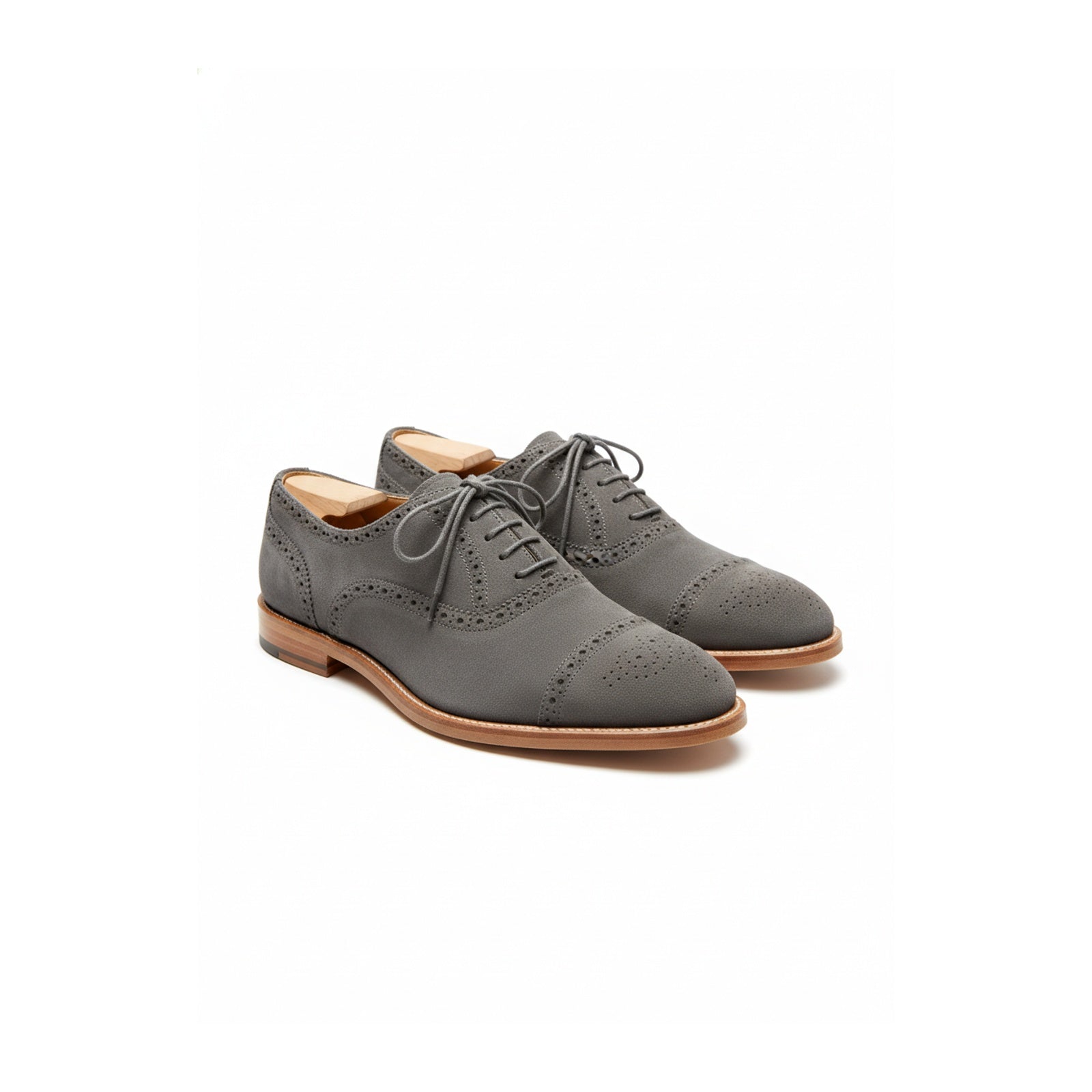 Men's Light Gray Suede Brogue Dress Shoes - three-quarter-view