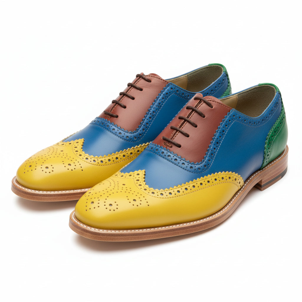 three-quarter-view - Men's Multi Color Leather Brogue Shoes with Lace-Up Closure