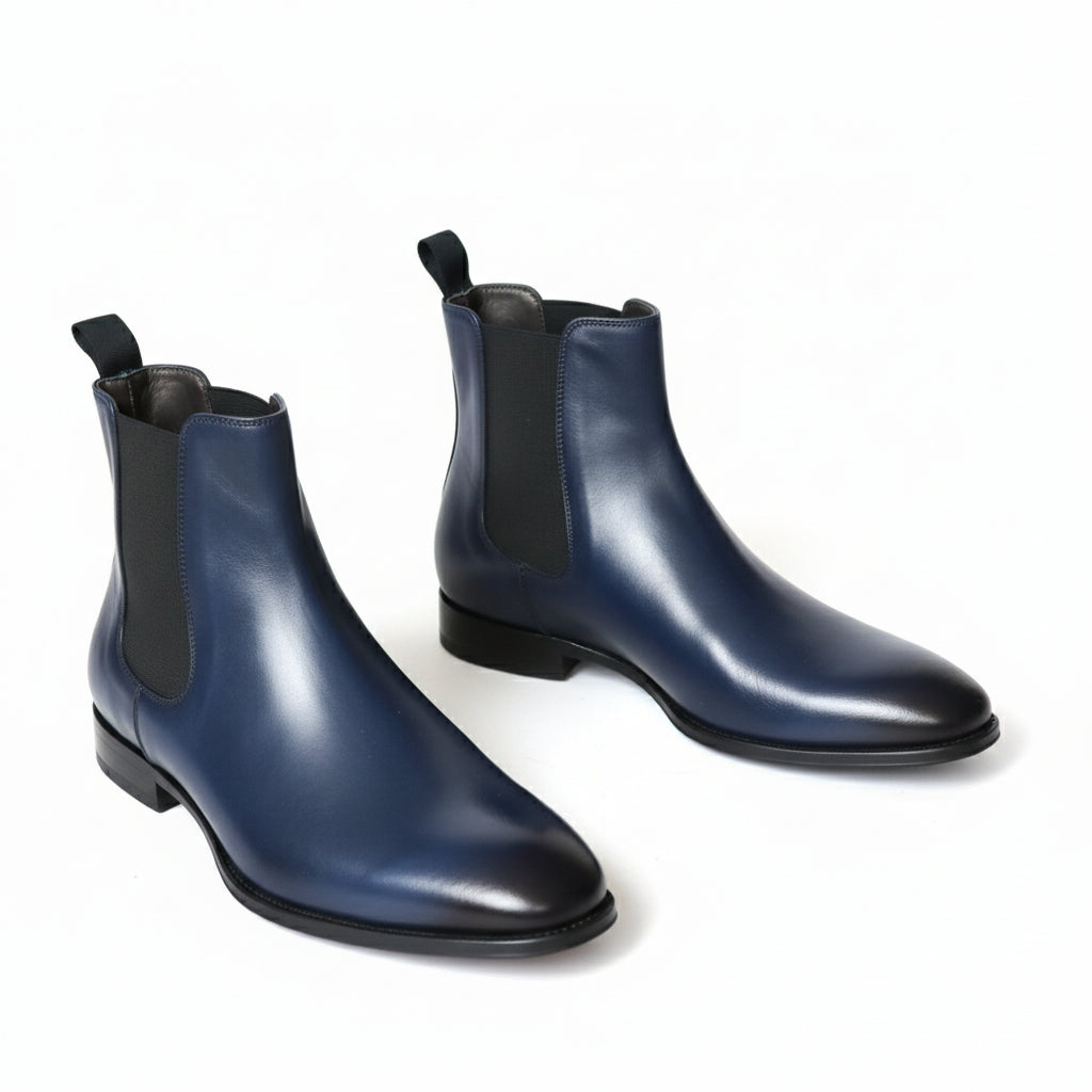 Men's Navy Blue Leather Ankle Chelsea Boots - three-quarter-view