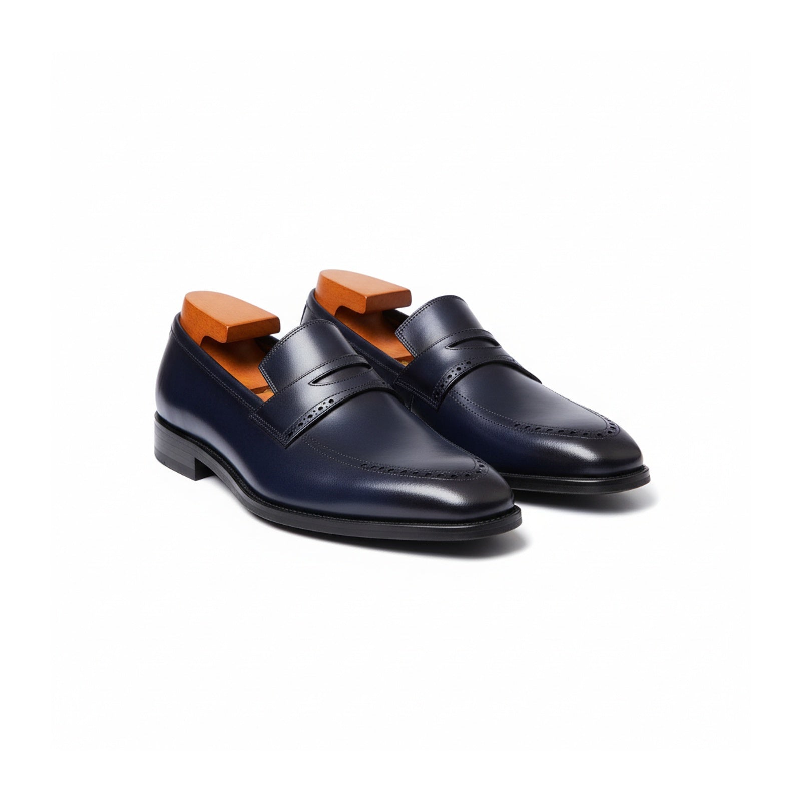 three-quarter-view - Men's Navy Blue Leather Moccasins
