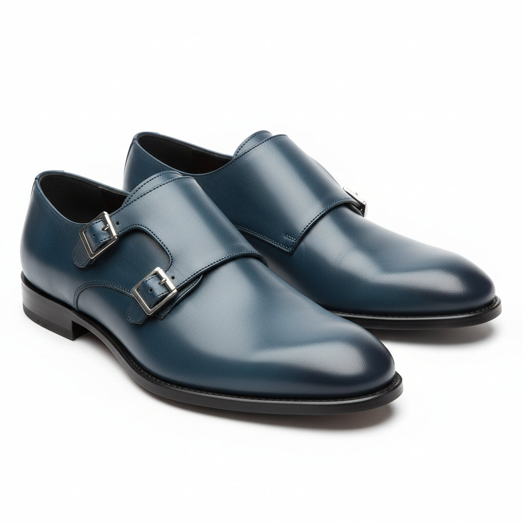 Men's Navy Blue Leather Monk Dress Shoes - three-quarter-view