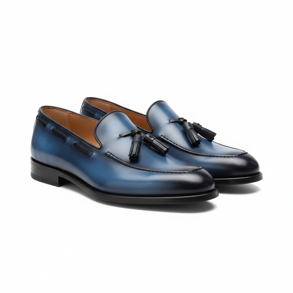 three-quarter-view - Men's Navy Blue Leather Tassel Loafers