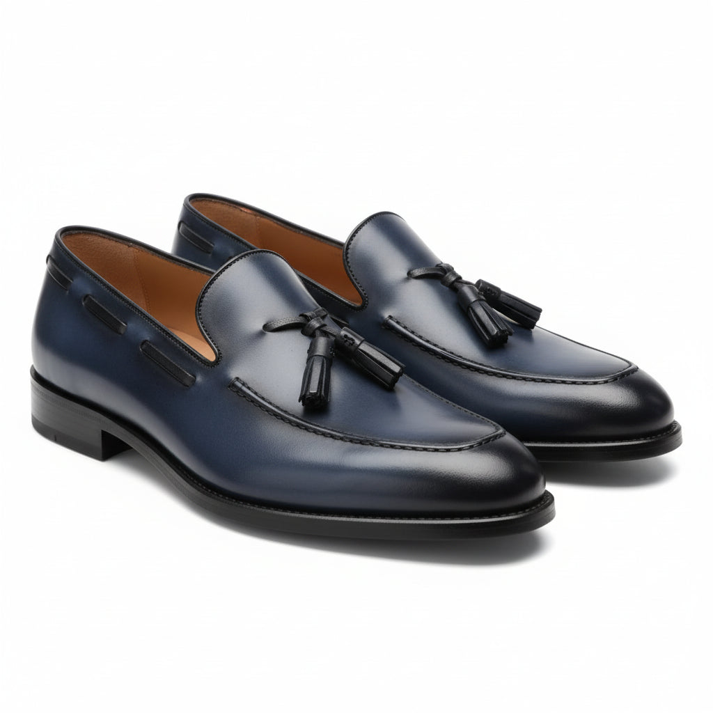 Men's Navy Blue Tassel Moccasins Leather Dress Shoes - three-quarter-view