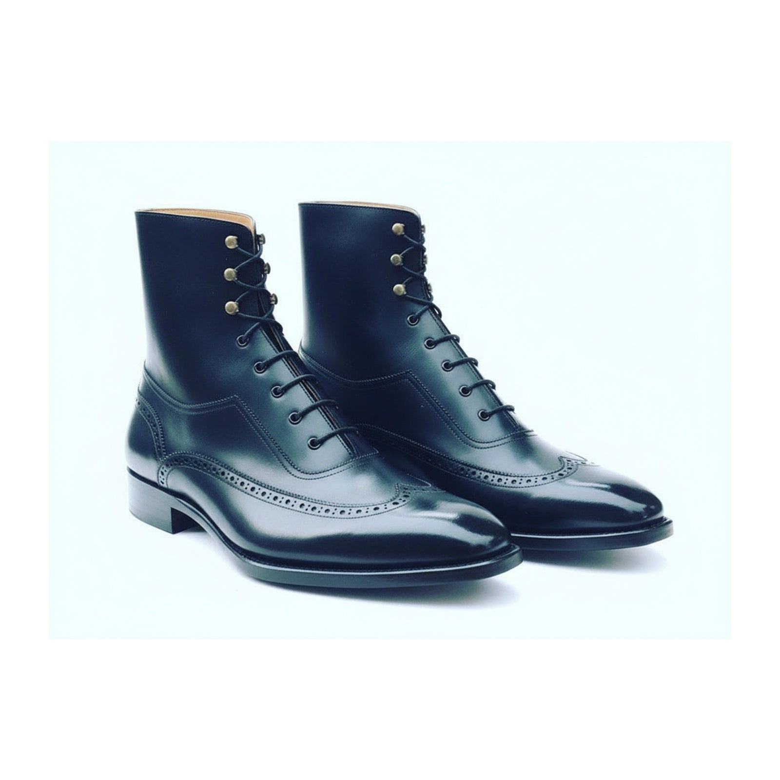 Men's Navy Blue Wingtip Brogue Leather Boots - three-quarter-view