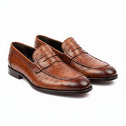 Men's Ostrich Print Leather Moccasins in Brown - three-quarter-view