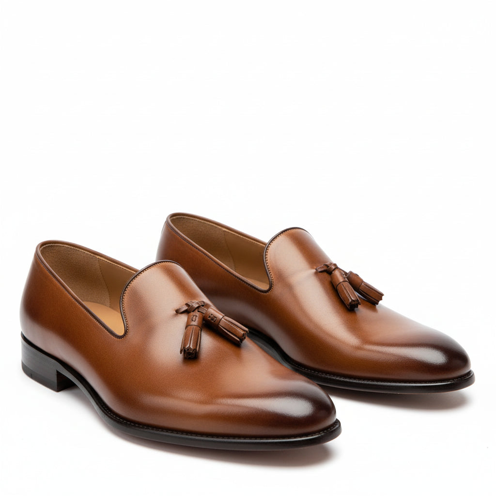 three-quarter-view - Men's Rich Brown Tassel Loafer Leather Shoes