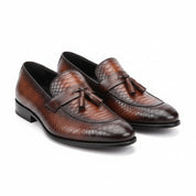 three-quarter-view - Men's Shaded Tan Leather Tassel Loafers