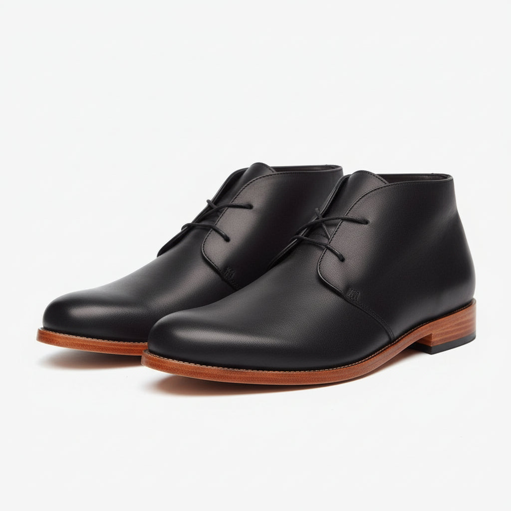 Men's Tan Black Leather Chukka Boots - three-quarter-view